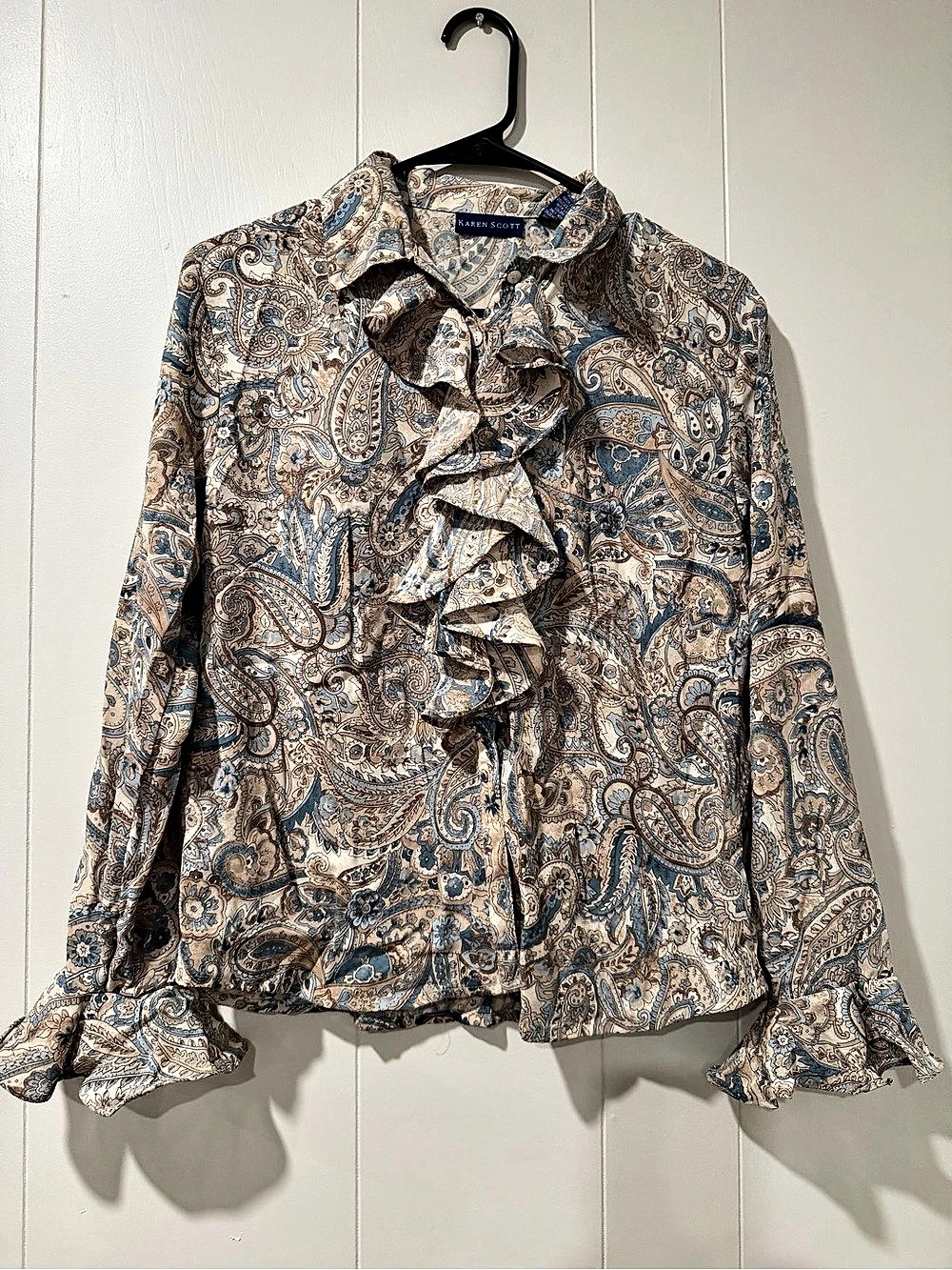 Karen Scott Paisley Ruffle Blouse in Blue & Brown Size Small Like New